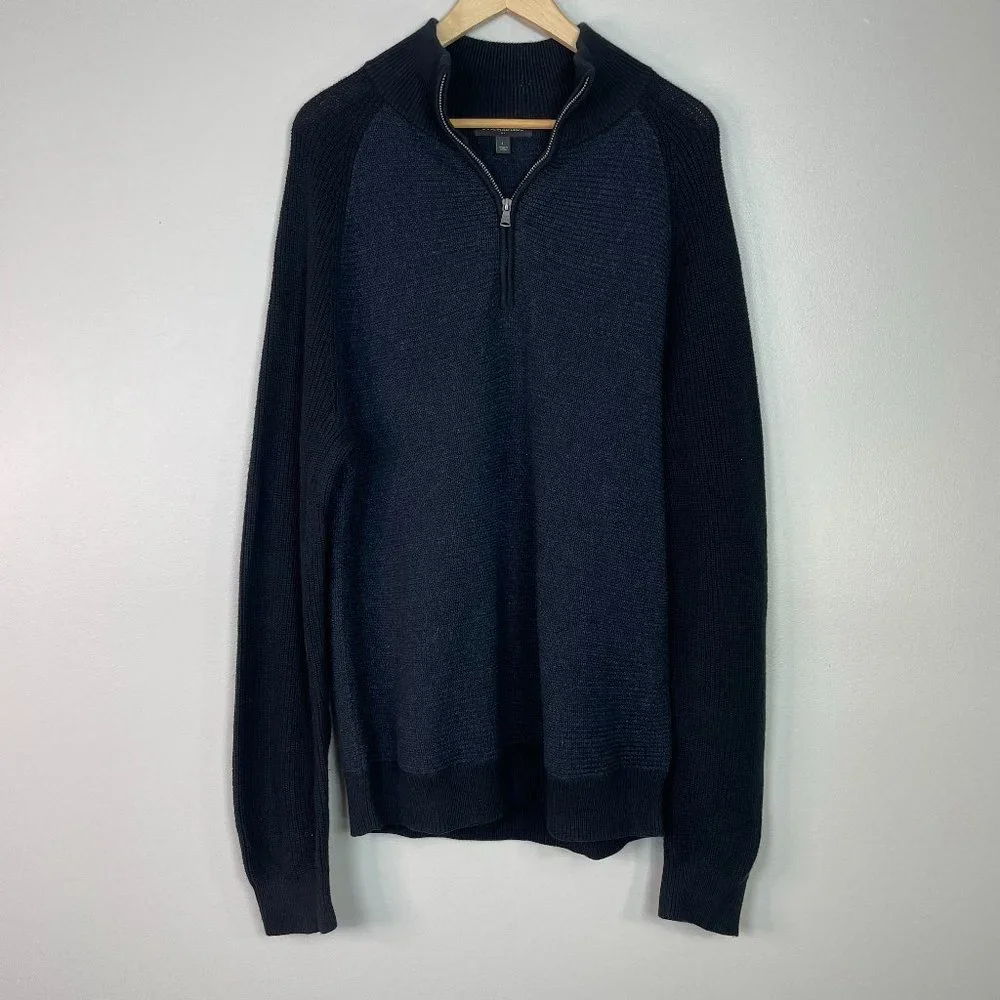 Banana Republic Sweater Large Black Navy Blue 1/4-Zip Pullover Cotton Blend Mens